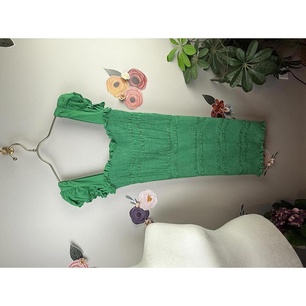 Capulet Green Ruffle Sleeve Square Neck Midi Bodycon Dress - Size - Large - Picture 2 of 8